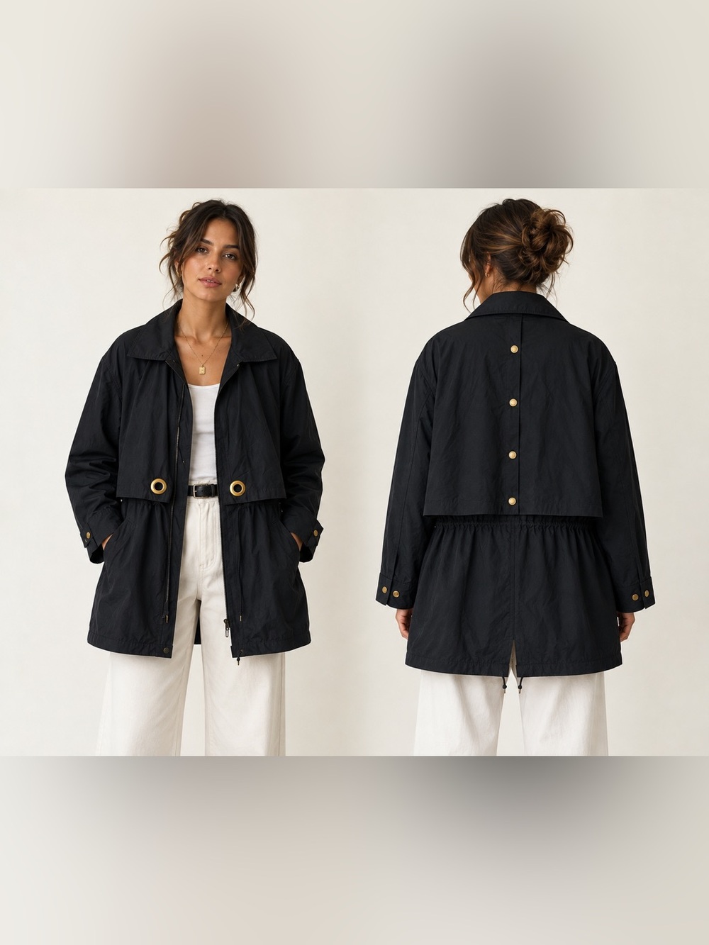 Vintage Saks Fifth Avenue Black Cotton Trench/Rain Luxury Jacket Gold Hardware L